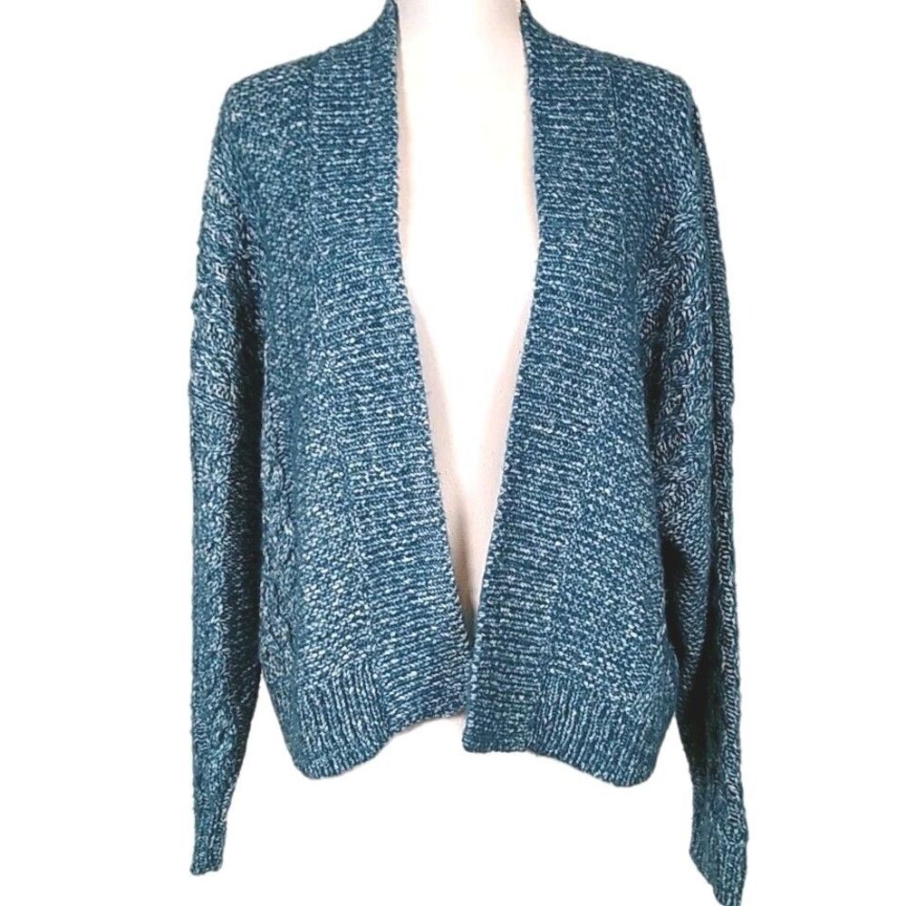 CABI Astral Chunky Cardigan Sweater Oversize Boxy Cable Knit Blue/White Marled M
